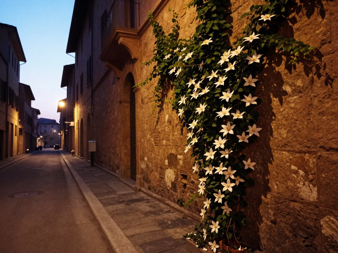 Pre-dawn Bologna Italy Street Scene with Clematis Vine and Stone Wall in in Bologna, Italy