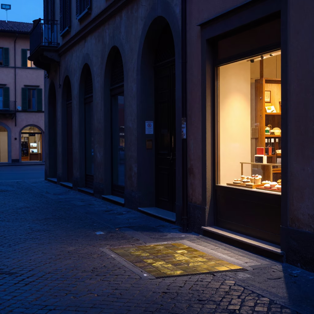 Pre-dawn Bologna Italy Street Scene with Quilt and Brass Tile in in Bologna, Italy