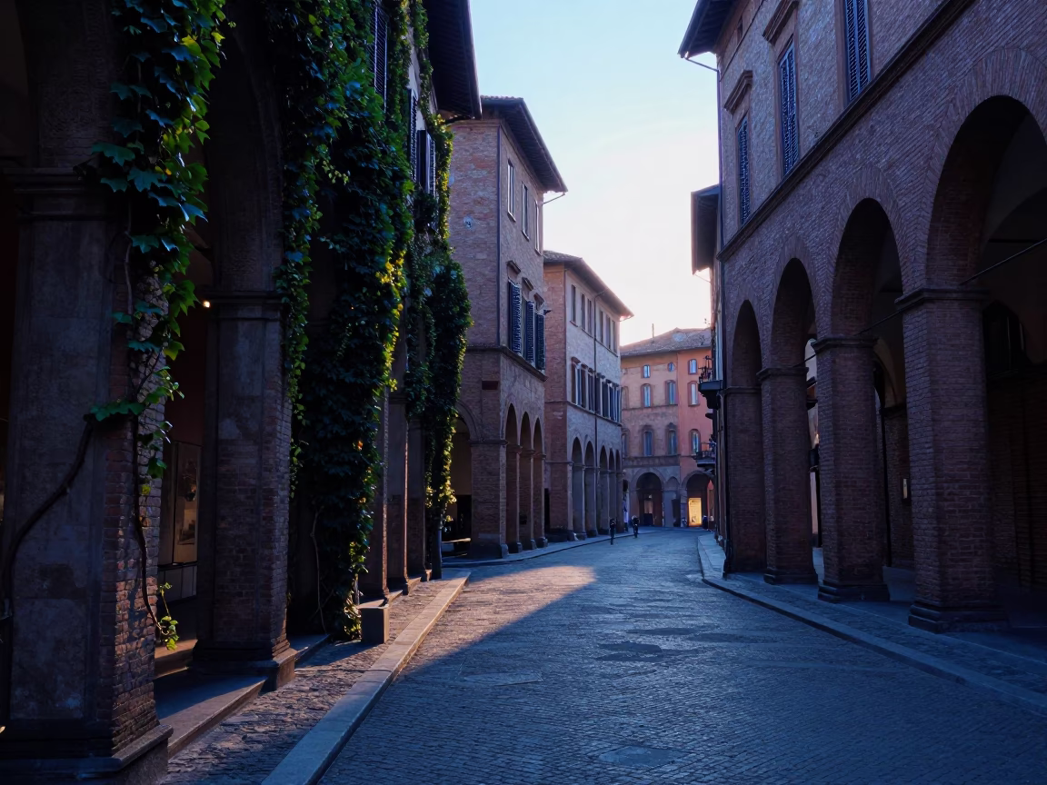 Pre-dawn Bologna street scene with ivy vines and wool scarves on locals in in Bologna, Italy