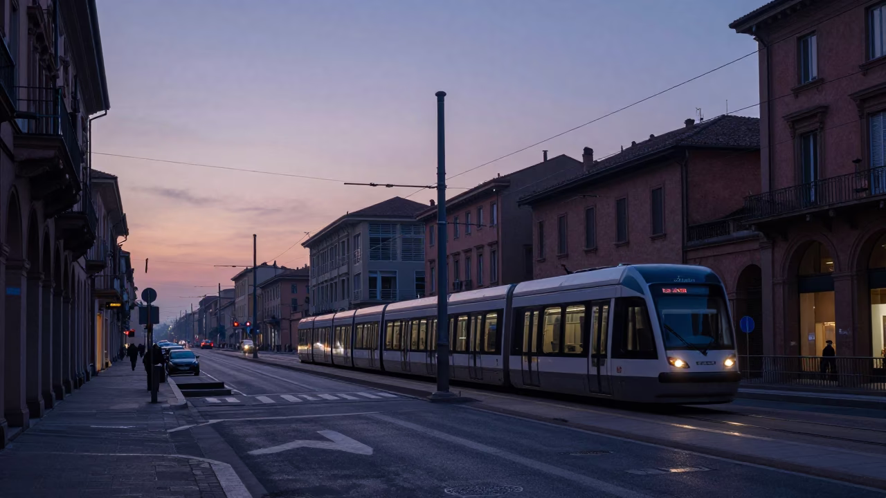 Pre-Dawn Bologna Street Scene with Monorail and Urban Morning Light in in Bologna, Italy