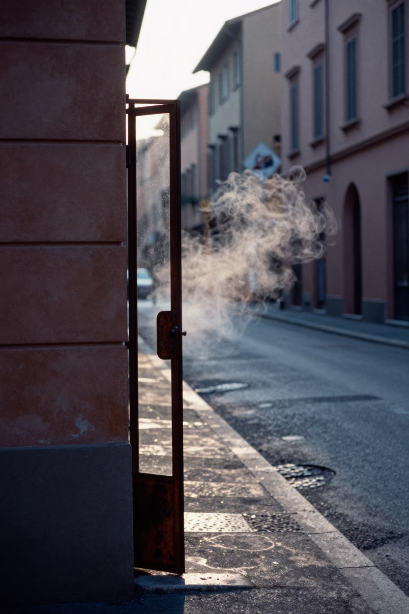 Pre-Dawn Bologna Street Scene with Rusty Doorframe and Steam Haze Before Sunrise in in Bologna, Italy