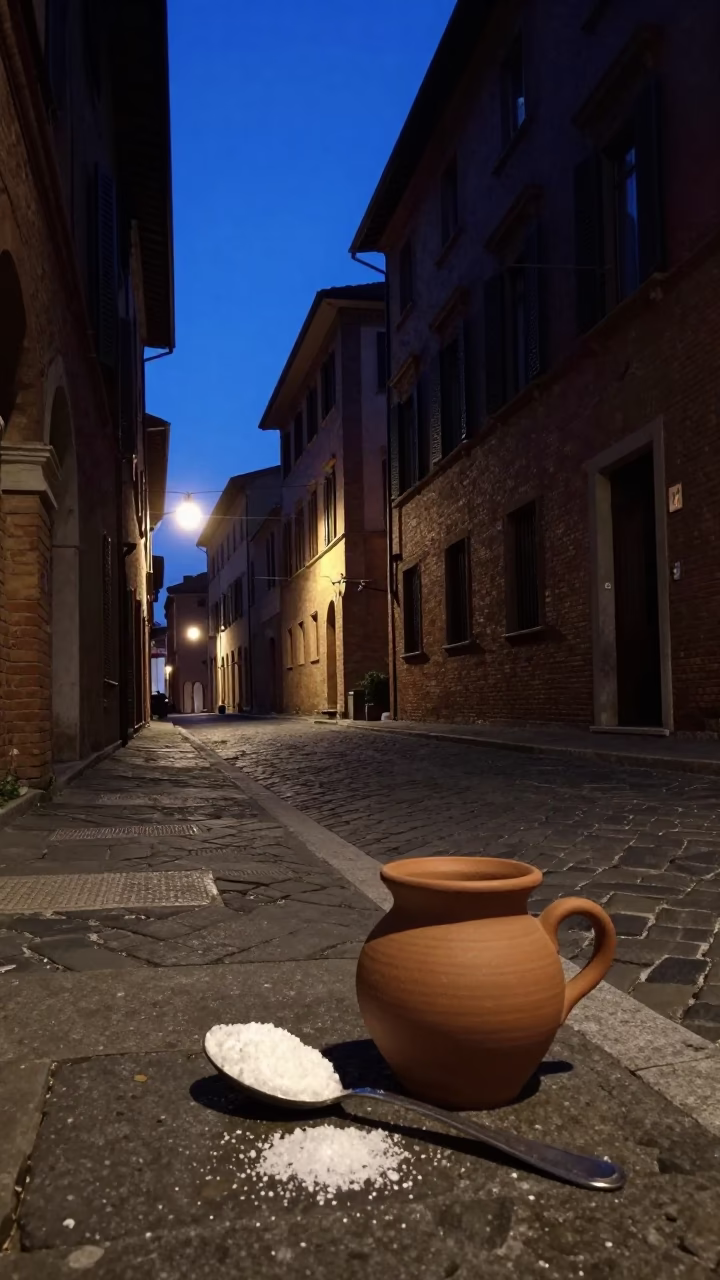 Pre-dawn Bologna Street Scene with Salt Spoon and Clay Teapot on Stone Table in in Bologna, Italy