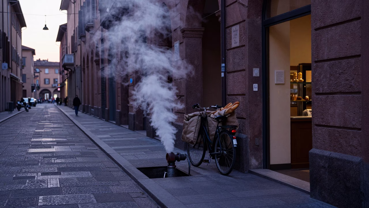 Pre-Dawn Bologna Street Scene with Steaming District Heating Pipe and Bicycle in in Bologna, Italy