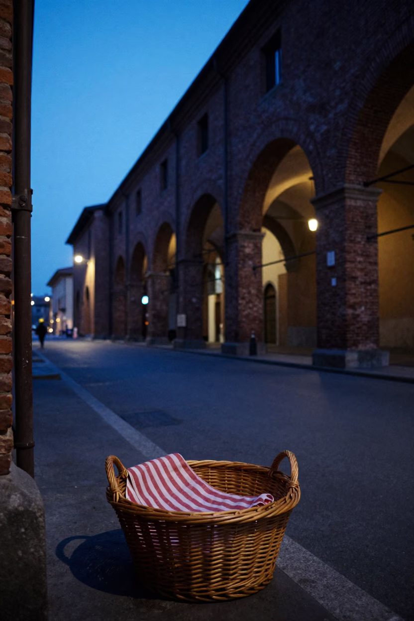 Pre-Dawn Bologna Street Scene with Wicker Hamper and Striped Towel Near Historic Archway in in Bologna, Italy