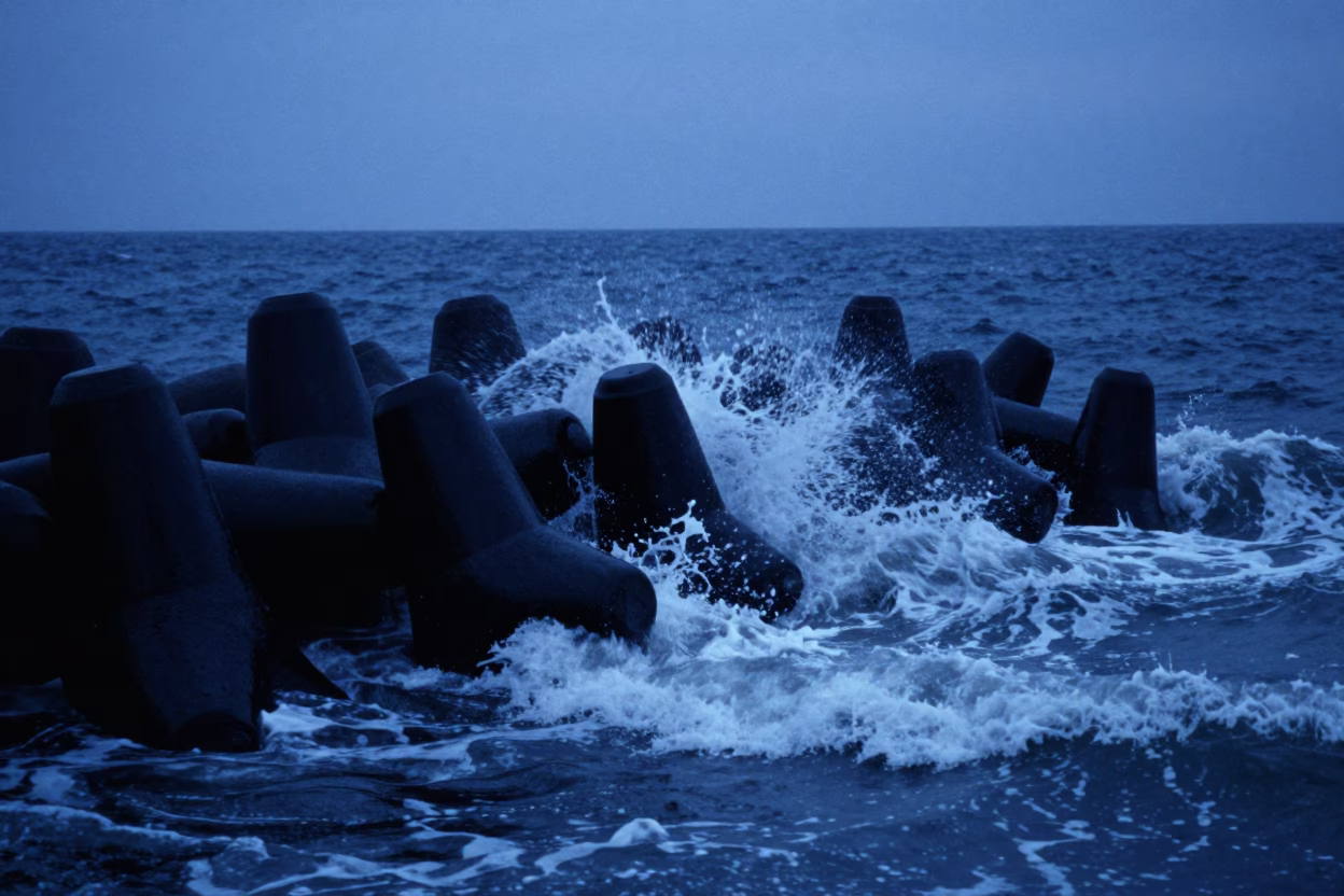 Pre-dawn Boston Harbor Breakwater Tetrapods with Winter Surf Spray in in Boston, Massachusetts, United States