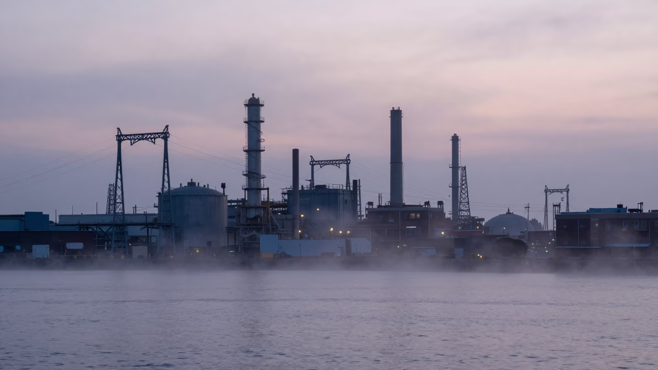 Pre-dawn Boston Harbor Industrial Scene with Catenary Fog and Oil Reflections in in Boston, Massachusetts, United States
