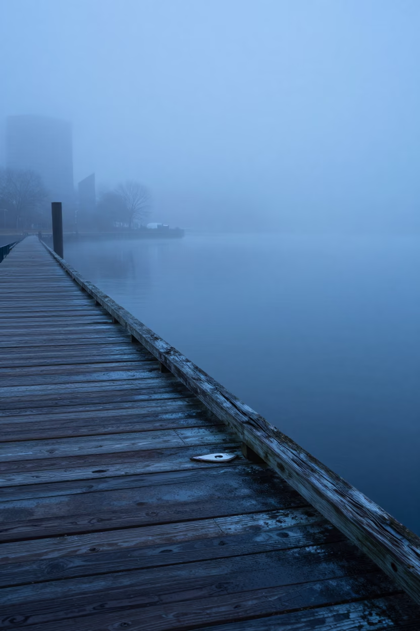 Pre-Dawn Boston Harbor Mist and Weathered Dock Details in Massachusetts in in Boston, Massachusetts, United States