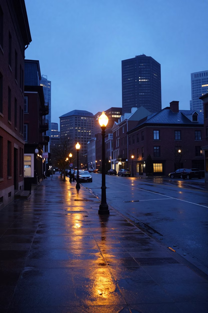 Pre-dawn Boston Harbor Street Scene with Historic Architecture and Early Morning Activity in in Boston, Massachusetts, United States