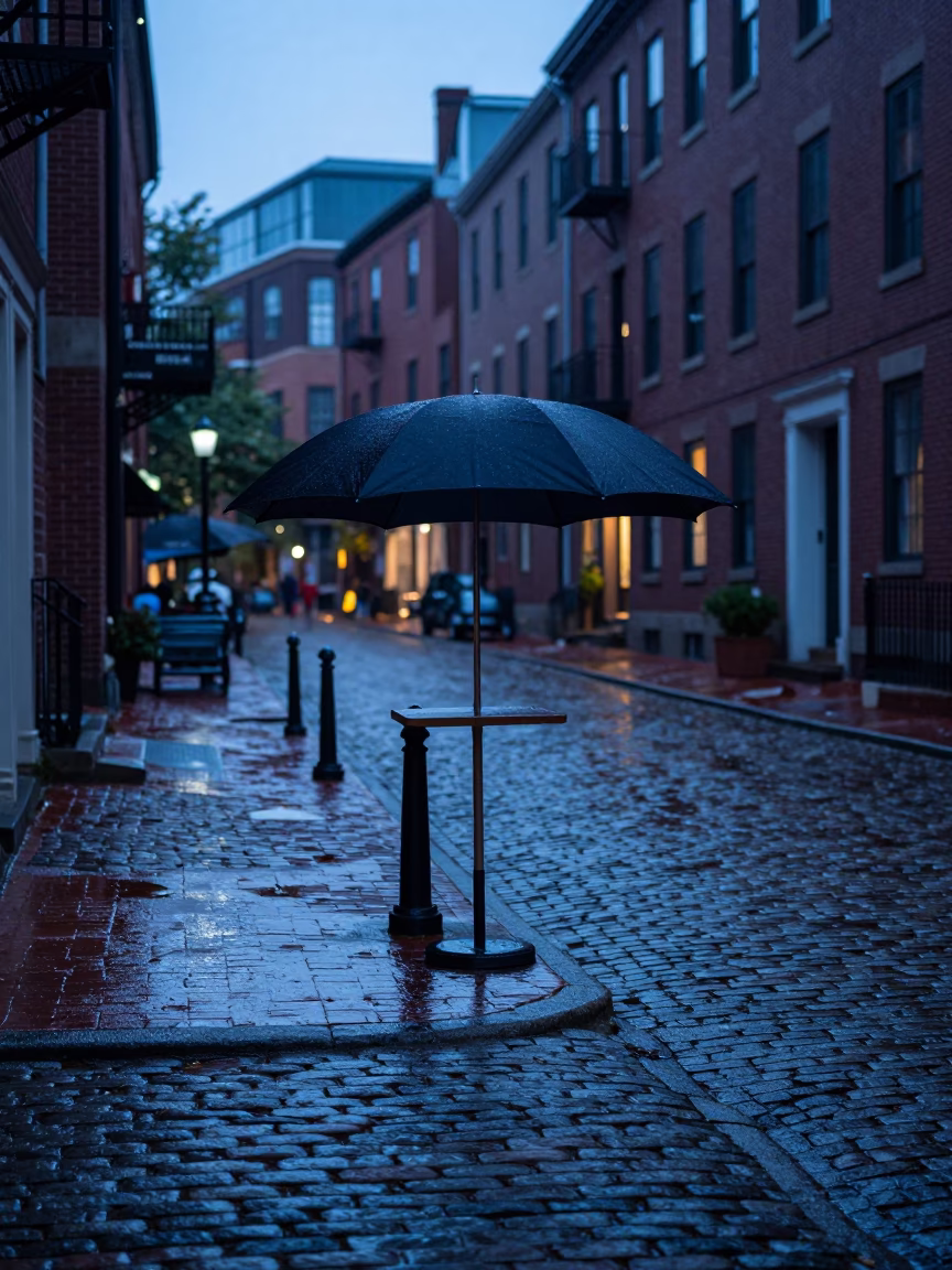 Pre-Dawn Boston Harbor Street Scene with Umbrella Stand and City Lights in in Boston, Massachusetts, United States