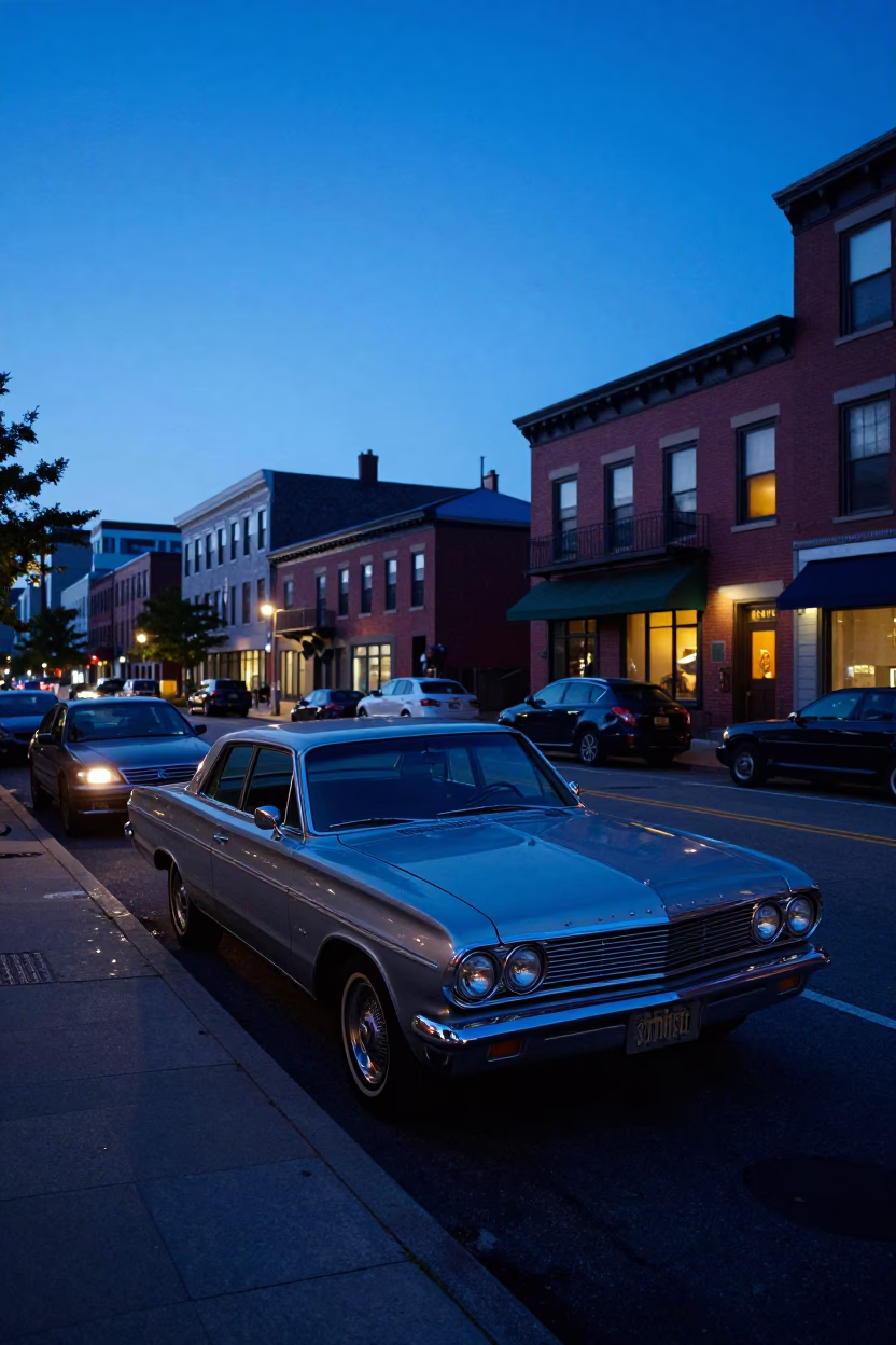 Pre-dawn Boston Harbor Street Scene with Vintage Car and Wet Cobblestones in Massachusetts in in Boston, Massachusetts, United States