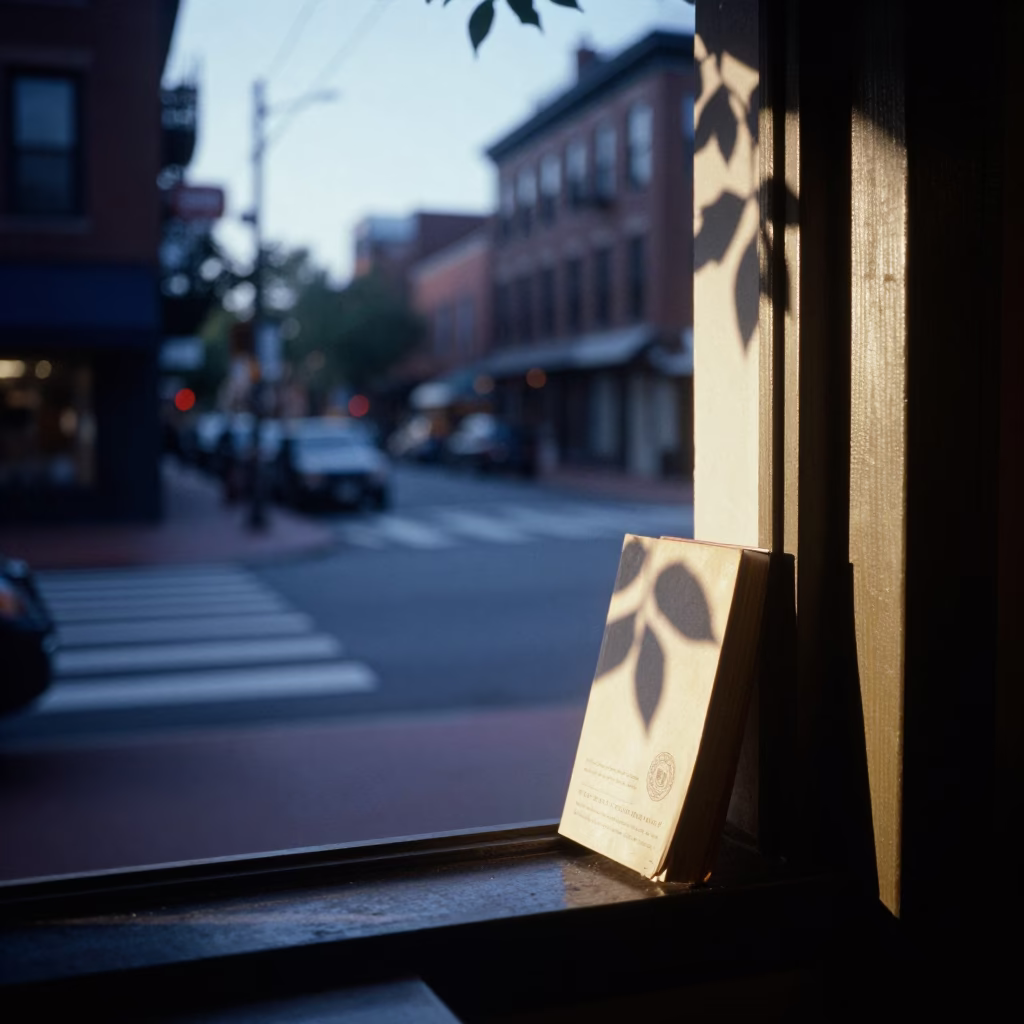 Pre-dawn Boston street scene with bookend and leaf shadows on window glass in in Boston, Massachusetts, United States