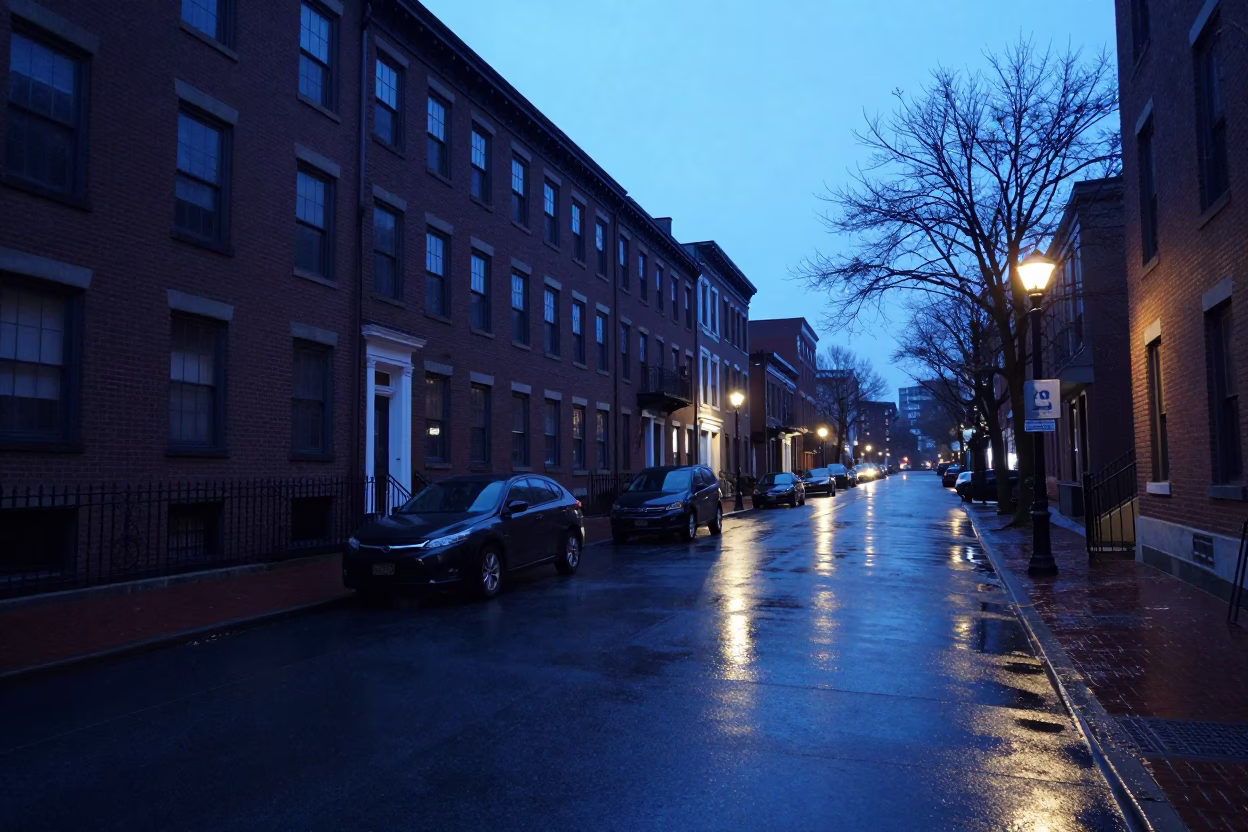 Pre-dawn Boston Street Scene with Brick Facades and Early Morning Light in in Boston, Massachusetts, United States