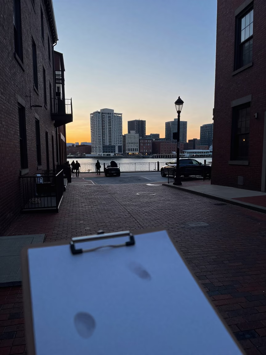 Pre-dawn Boston Street Scene with Clipboard and Fingerprints on Doorframe in in Boston, Massachusetts, United States