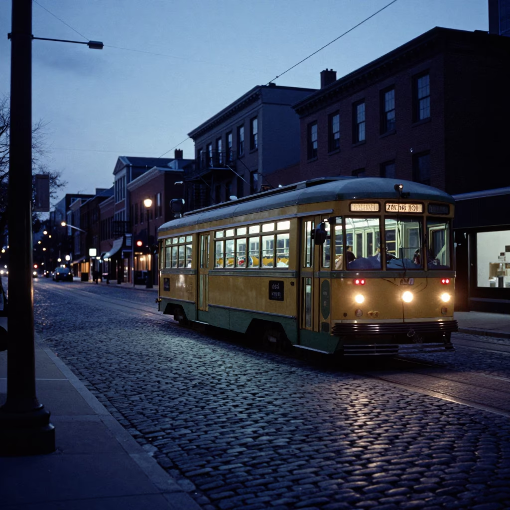 Pre-Dawn Boston Street Scene with Heritage Tram and Cobblestone Avenue at Dawn in in Boston, Massachusetts, United States