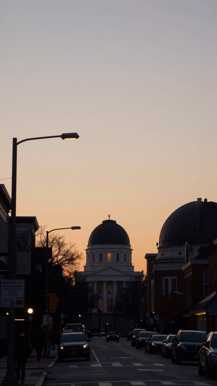 Pre-Dawn Boston Street Scene with Observatory Dome Silhouette and Highway Headlight Trails in in Boston, Massachusetts, United States
