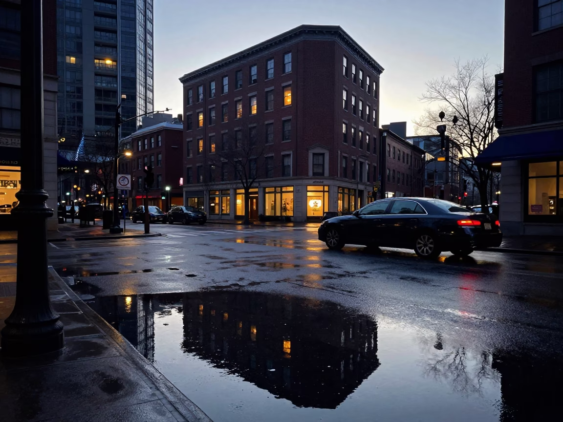 Pre-Dawn Boston Street Scene with Puddle Reflections of Hotel Windows and Tail Lights in in Boston, Massachusetts, United States