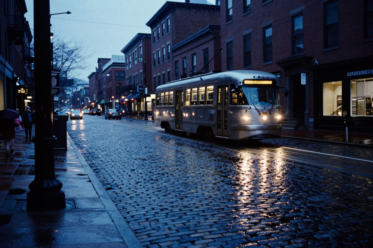 Pre-Dawn Boston Street Scene with Wet Cobblestones and Tramcar Reflection in in Boston, Massachusetts, United States