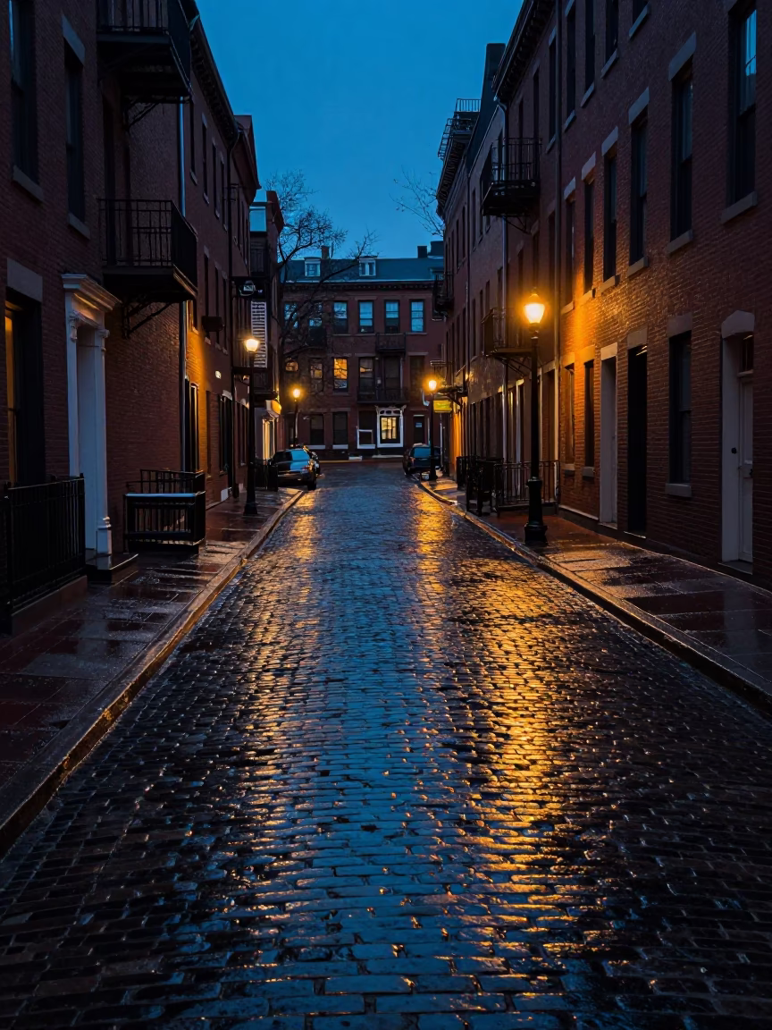Pre-dawn Boston Street Scene with Wet Pavement Reflections and Historic Architecture in in Boston, Massachusetts, United States
