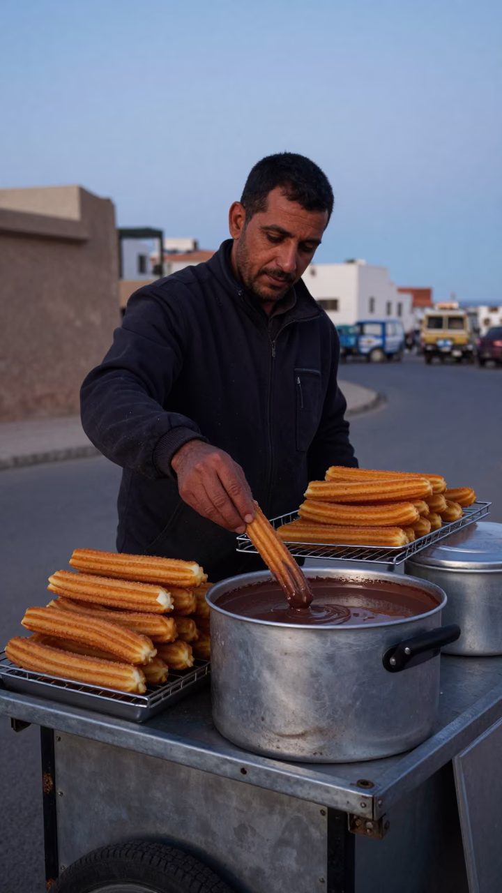 Pre-dawn Breakfast Stall in Essaouira Morocco with Churros and Chocolate in in Essaouira, Morocco