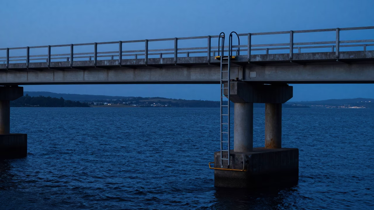 Pre-dawn Bridge Pier Inspection Ladder Above Choppy Estuary Water in Hobart Tasmania in in Hobart, Tasmania, Australia