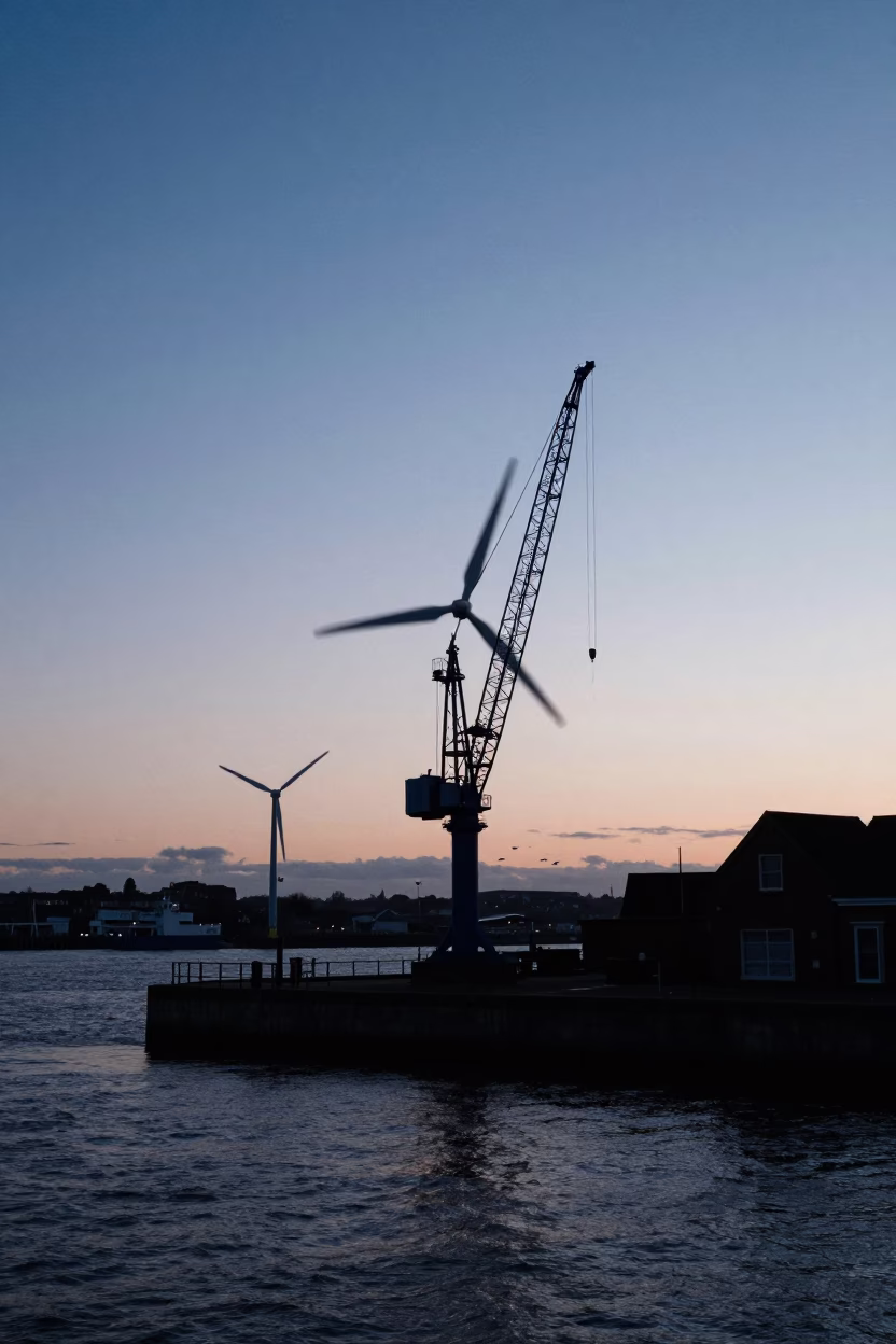 Pre-Dawn Bristol Harbor Scene with Wind Farm Crane and City Skyline in in Bristol, United Kingdom