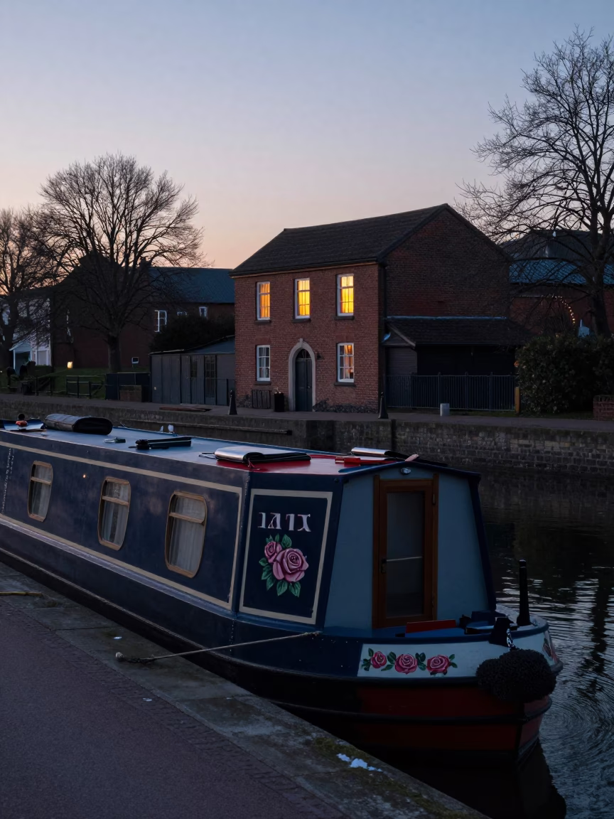 Pre-dawn Bristol Narrowboat and Levee Pump House Window Glow Over Floodwater in in Bristol, United Kingdom