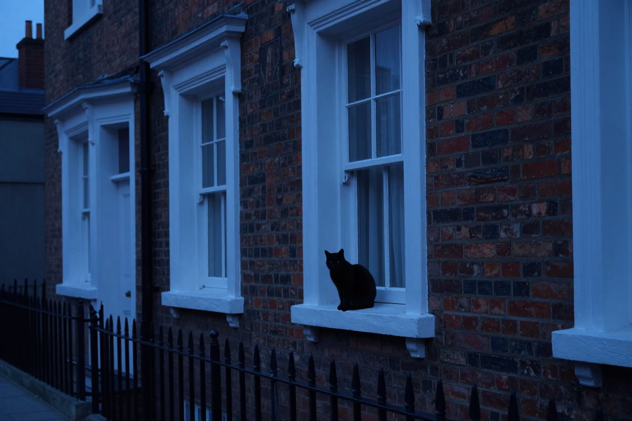 Pre-dawn Bristol Street Scene with Black Cat on Windowsill and Vine in in Bristol, United Kingdom