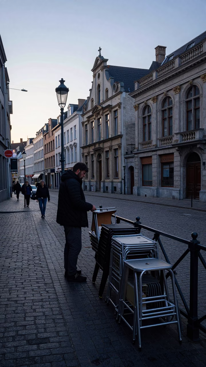 Pre-dawn Brussels Street Scene with Folding Stools and Morning Coffee Mug in in Brussels, Belgium