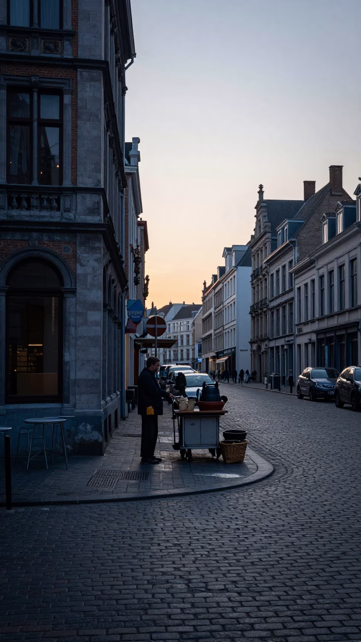 Pre-dawn Brussels Street Scene with Mending Basket and Pot Lid in in Brussels, Belgium