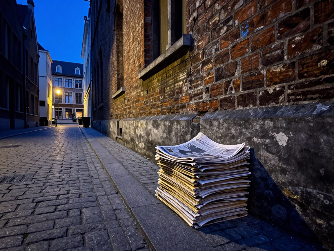 Pre-Dawn Brussels Street Scene with Newspaper Stack and Vintage Chair in in Brussels, Belgium