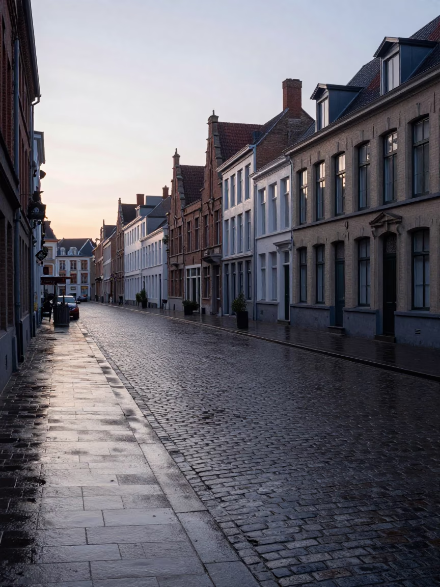 Pre-Dawn Brussels Street Scene with Wet Cobblestones and Local Bakery Display in in Brussels, Belgium
