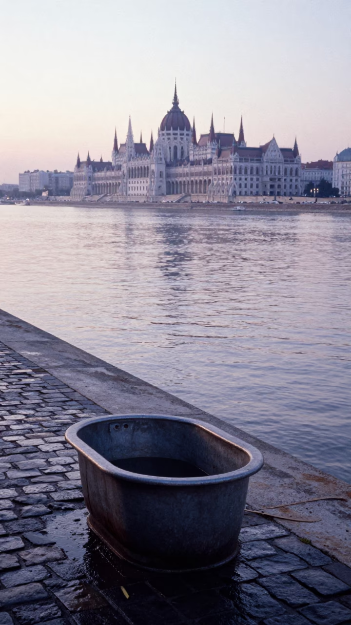 Pre-dawn Budapest Danube Bank with Rusty Basin and Morning Stillness in in Budapest, Hungary