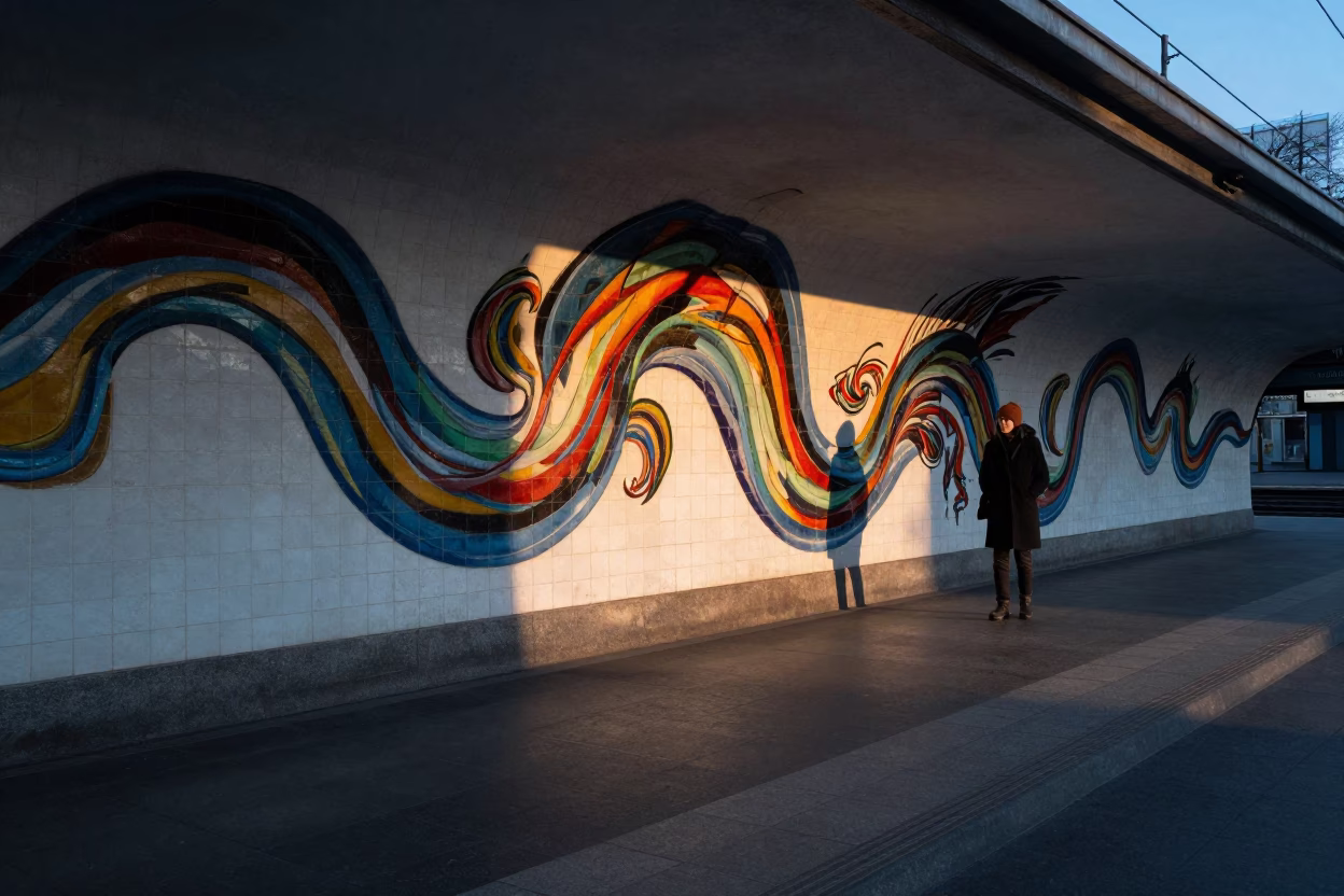Pre-dawn Budapest Metro Station Art and Commuter Waiting in in Budapest, Hungary