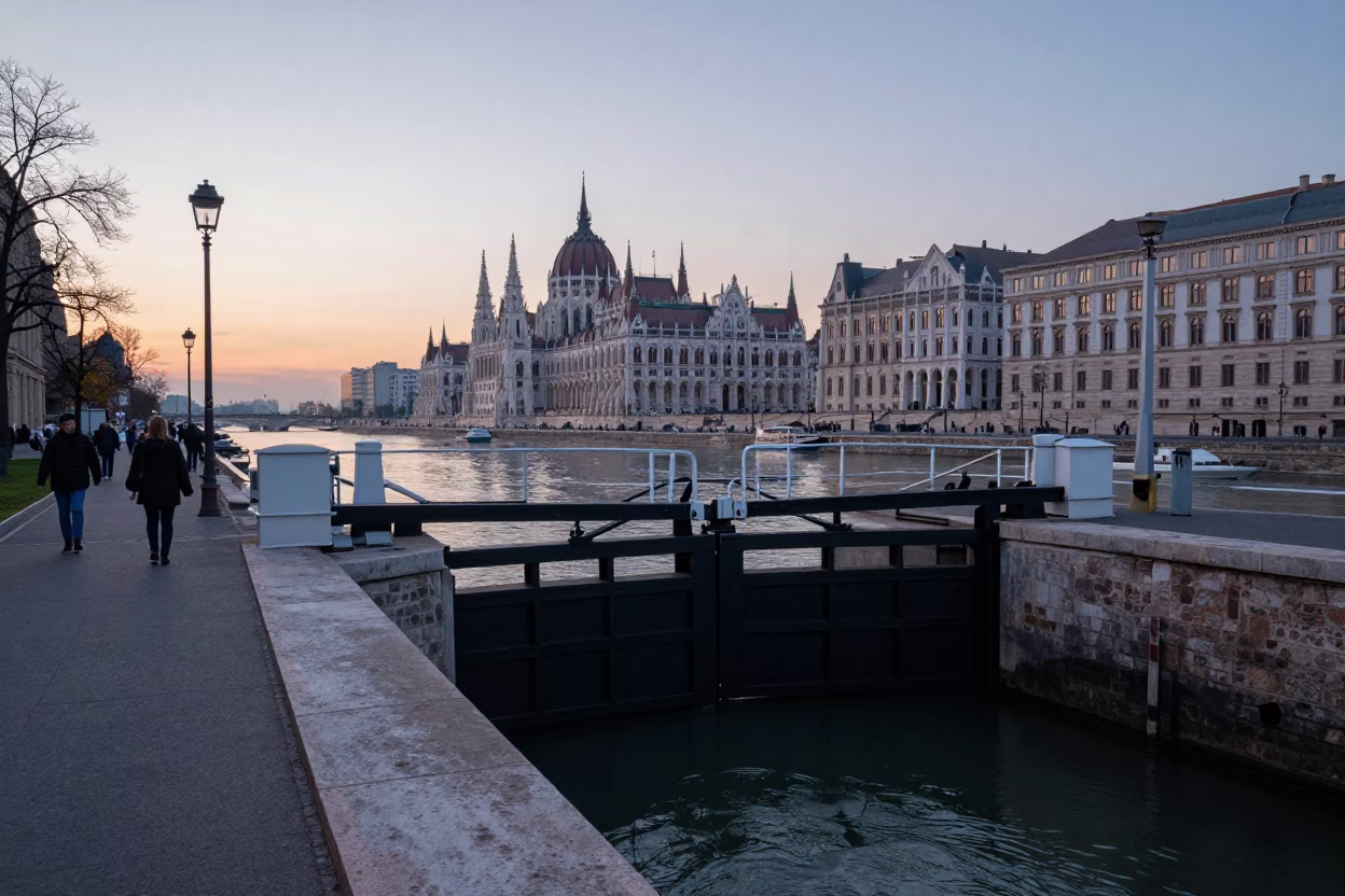 Pre-dawn Budapest Street Scene with Canal Lock Gate and Morning Coffee in in Budapest, Hungary