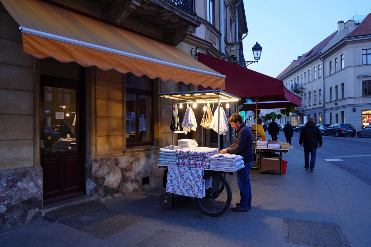 Pre-dawn Budapest street scene with colorful awnings and local commerce before sunrise in in Budapest, Hungary
