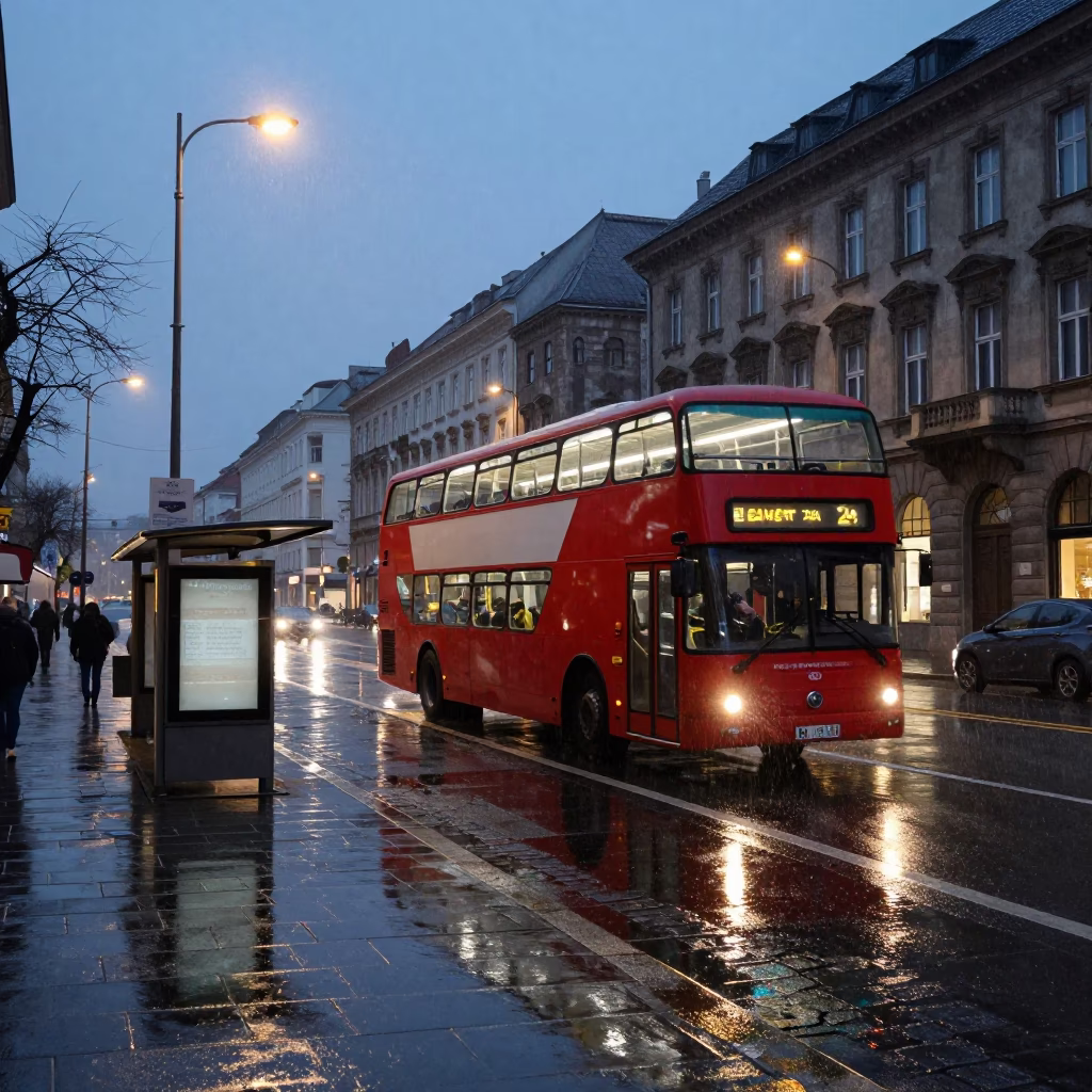 Pre-dawn Budapest Street Scene with Double-Decker Bus and Rainy Stop in in Budapest, Hungary