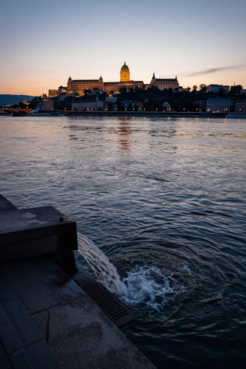 Pre-Dawn Budapest Street Scene with Storm Drain Outfall and Riverbank Details in in Budapest, Hungary