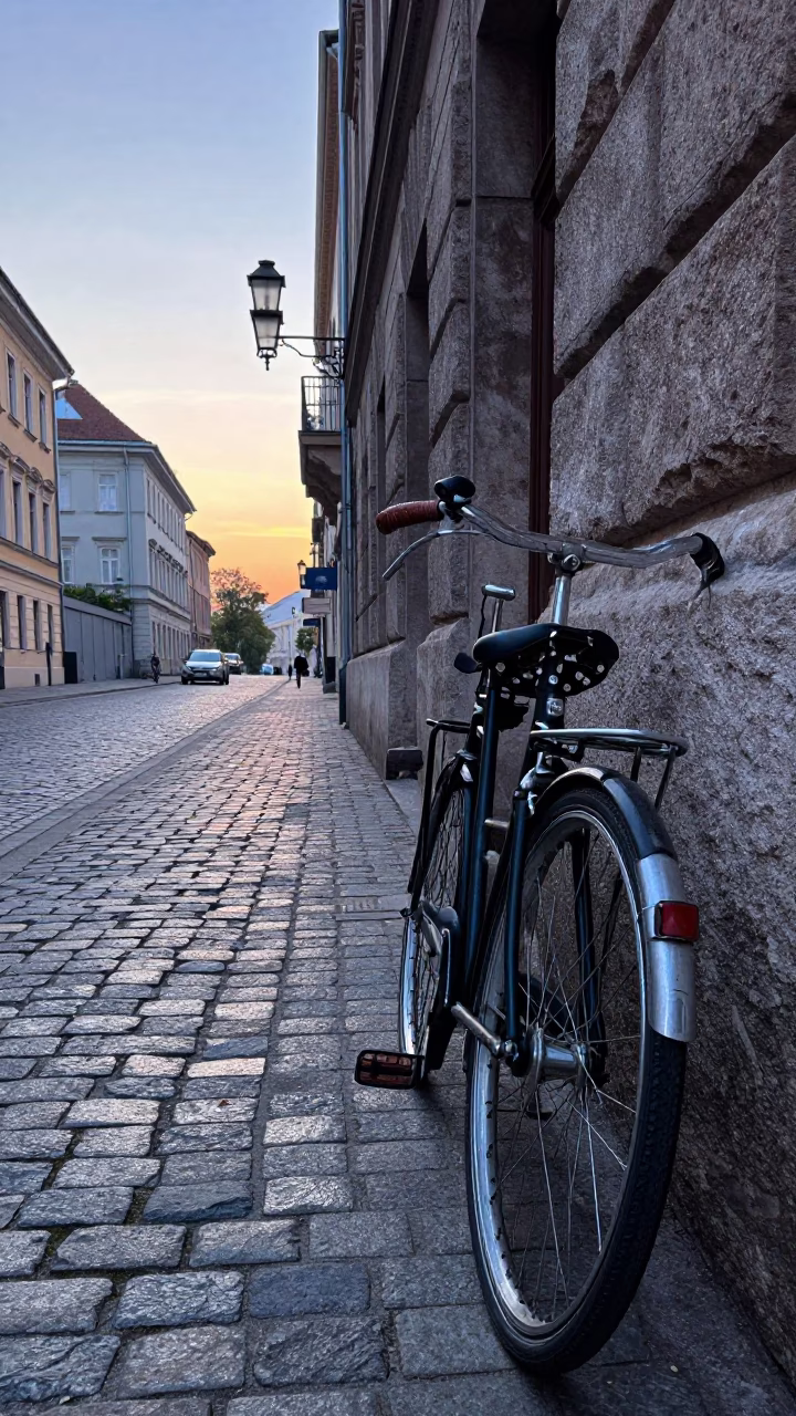 Pre-Dawn Budapest Street Scene with Vintage Bicycle and Morning Mist in in Budapest, Hungary