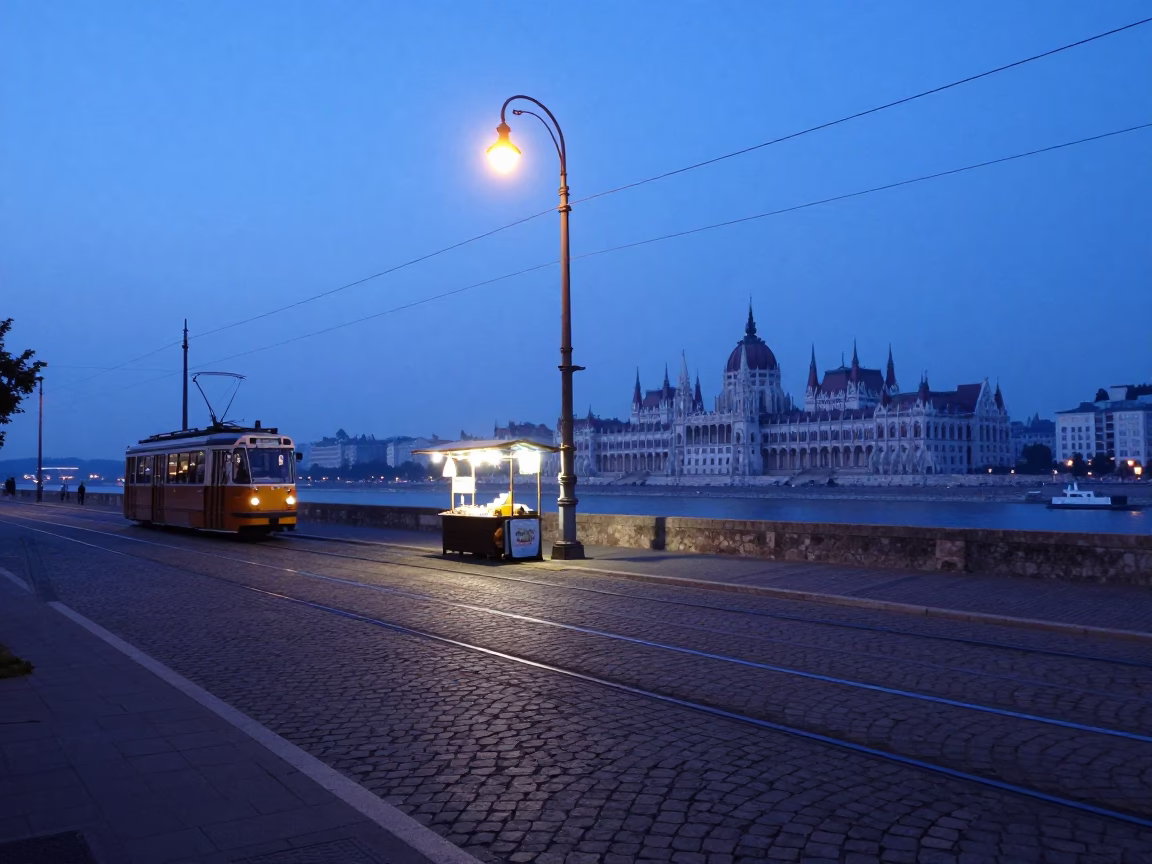 Pre-dawn Budapest street scene with vintage tram tracks and early morning market stalls in in Budapest, Hungary