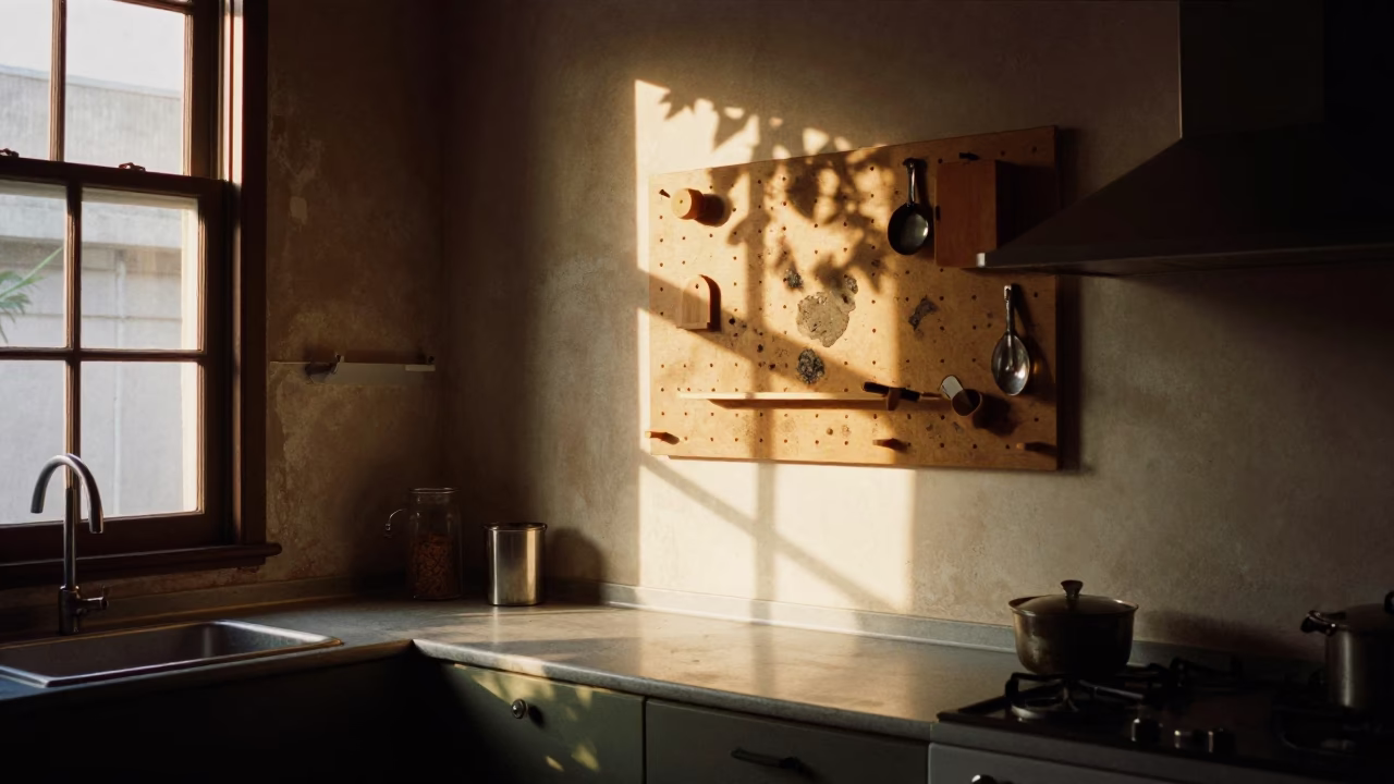 Pre-dawn Buenos Aires Kitchen with Pegboard and Mineral Stains in in Buenos Aires, Argentina
