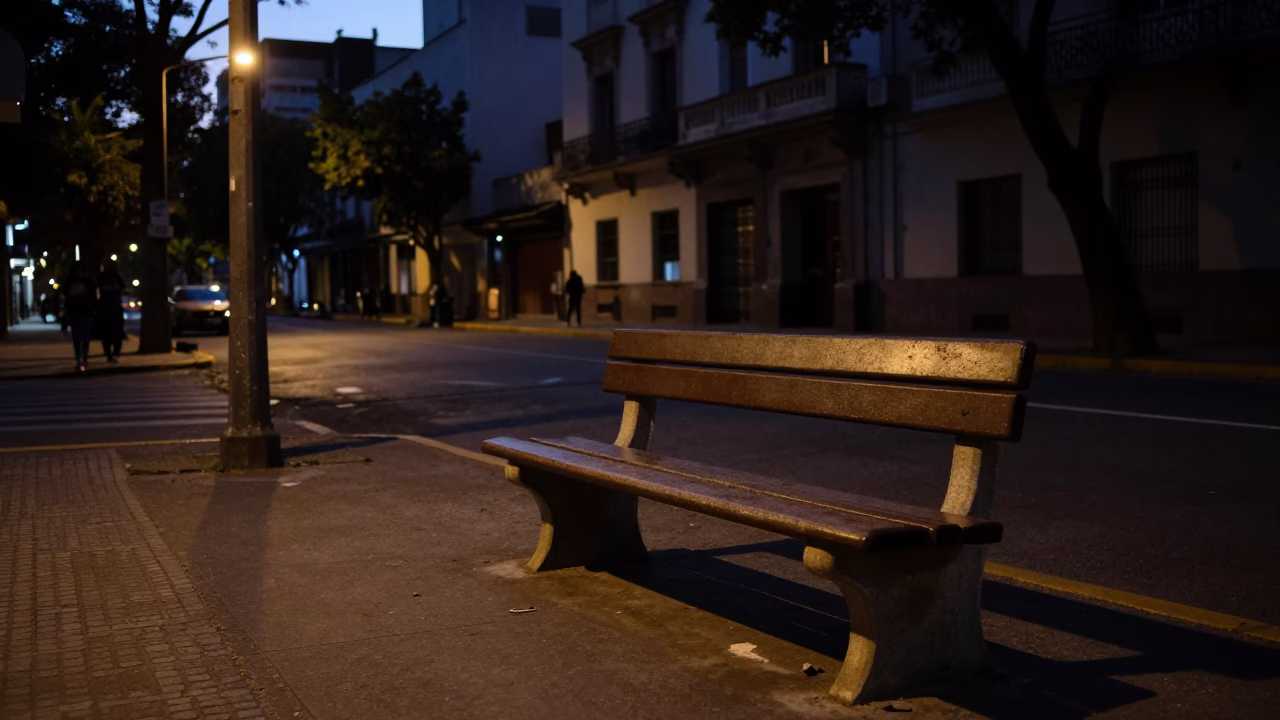 Pre-Dawn Buenos Aires Street Corner with Dusty Bench and Urban Architecture in in Buenos Aires, Argentina