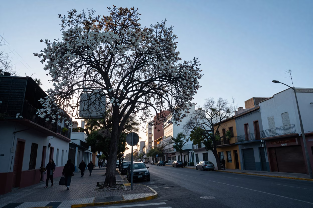 Pre-dawn Buenos Aires Street Corner with Magnolia Tree and Morning Light in in Buenos Aires, Argentina