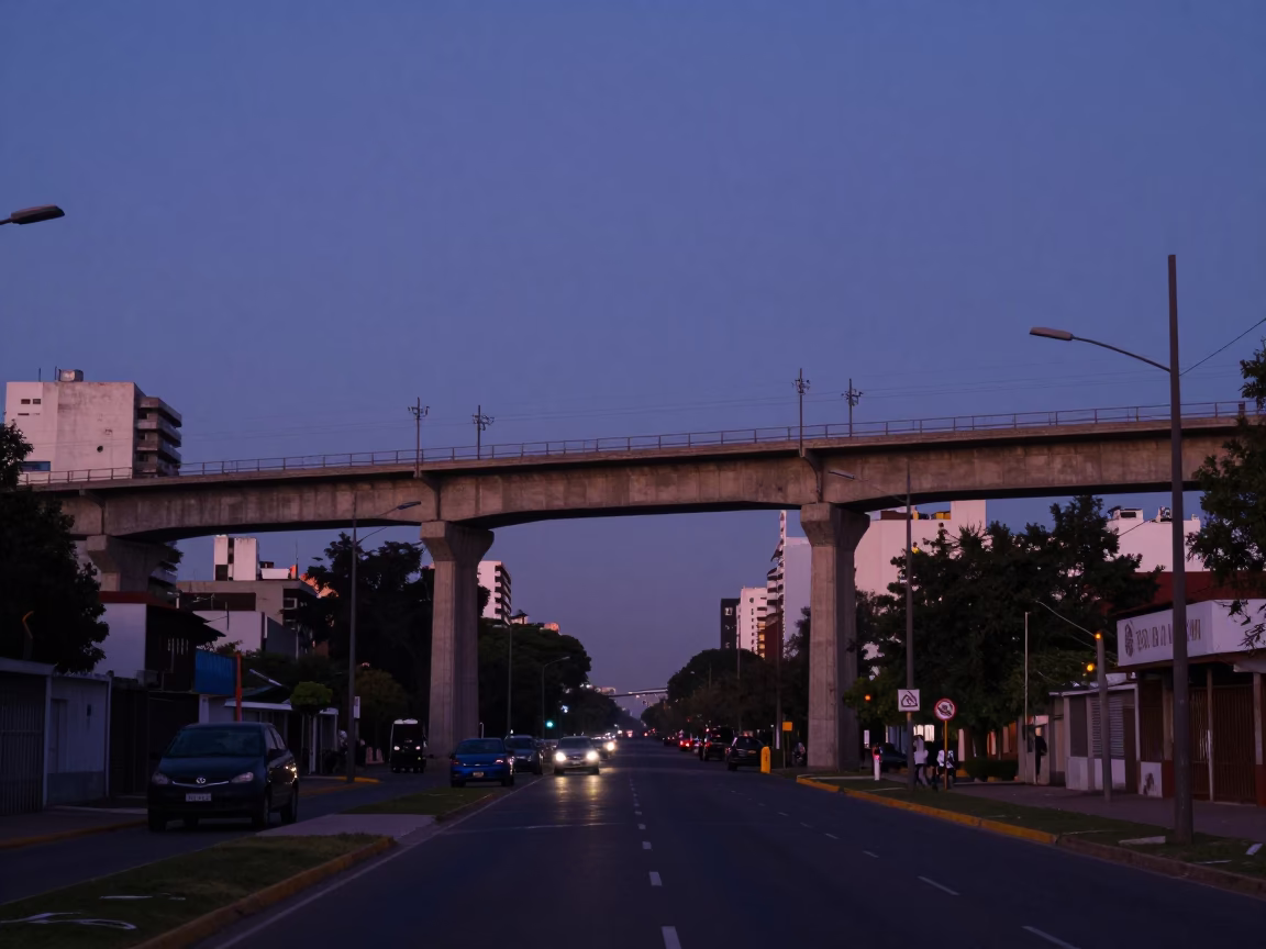 Pre-Dawn Buenos Aires Street Scene with Concrete Viaduct and Urban Infrastructure in in Buenos Aires, Argentina