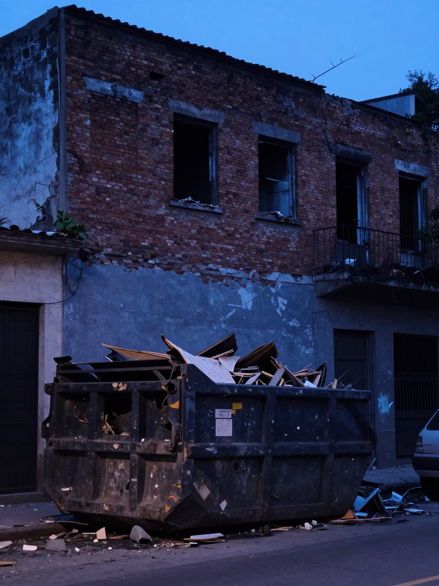 Pre-dawn Buenos Aires Street Scene with Demolition Dumpster and Gutted Storefront Facade in in Buenos Aires, Argentina