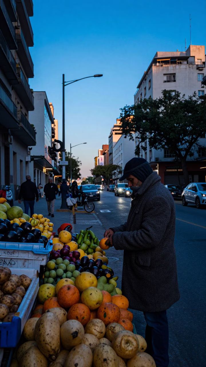 Pre-dawn Buenos Aires street scene with fruit vendor and city lights in in Buenos Aires, Argentina