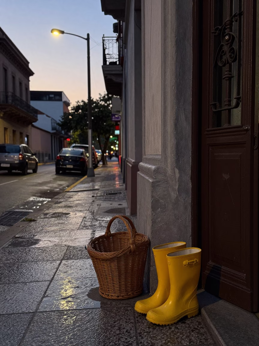 Pre-dawn Buenos Aires street scene with rain boots and wicker shadow in in Buenos Aires, Argentina