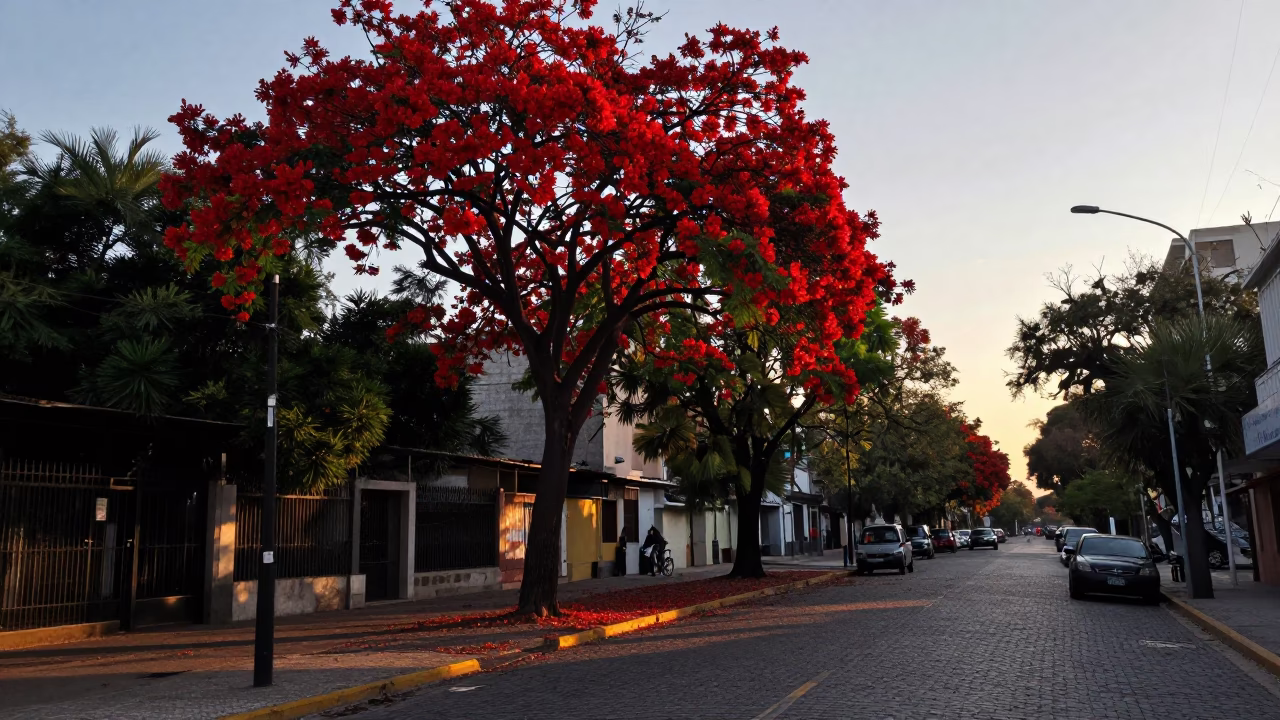 Pre-dawn Buenos Aires Street Scene with Red Flame Trees and Quiet Urban Calm in in Buenos Aires, Argentina