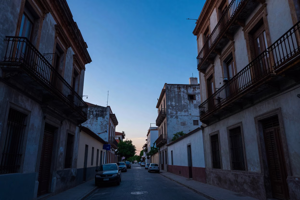 Pre-dawn Buenos Aires street scene with rusted iron balconies and quiet morning light in in Buenos Aires, Argentina