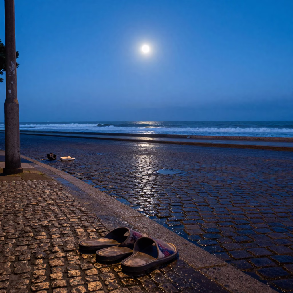 Pre-dawn Buenos Aires Street Scene with Slippers and Moonlit Surf Beacon in in Buenos Aires, Argentina