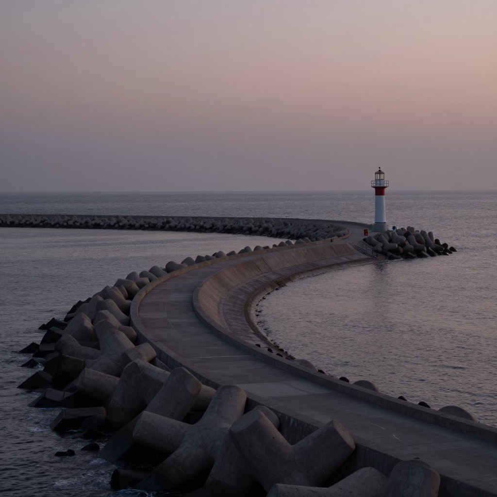 Pre-dawn Busan Harbor Breakwater Curve and Lonely Beacon in Early Morning Mist in in Busan, South Korea